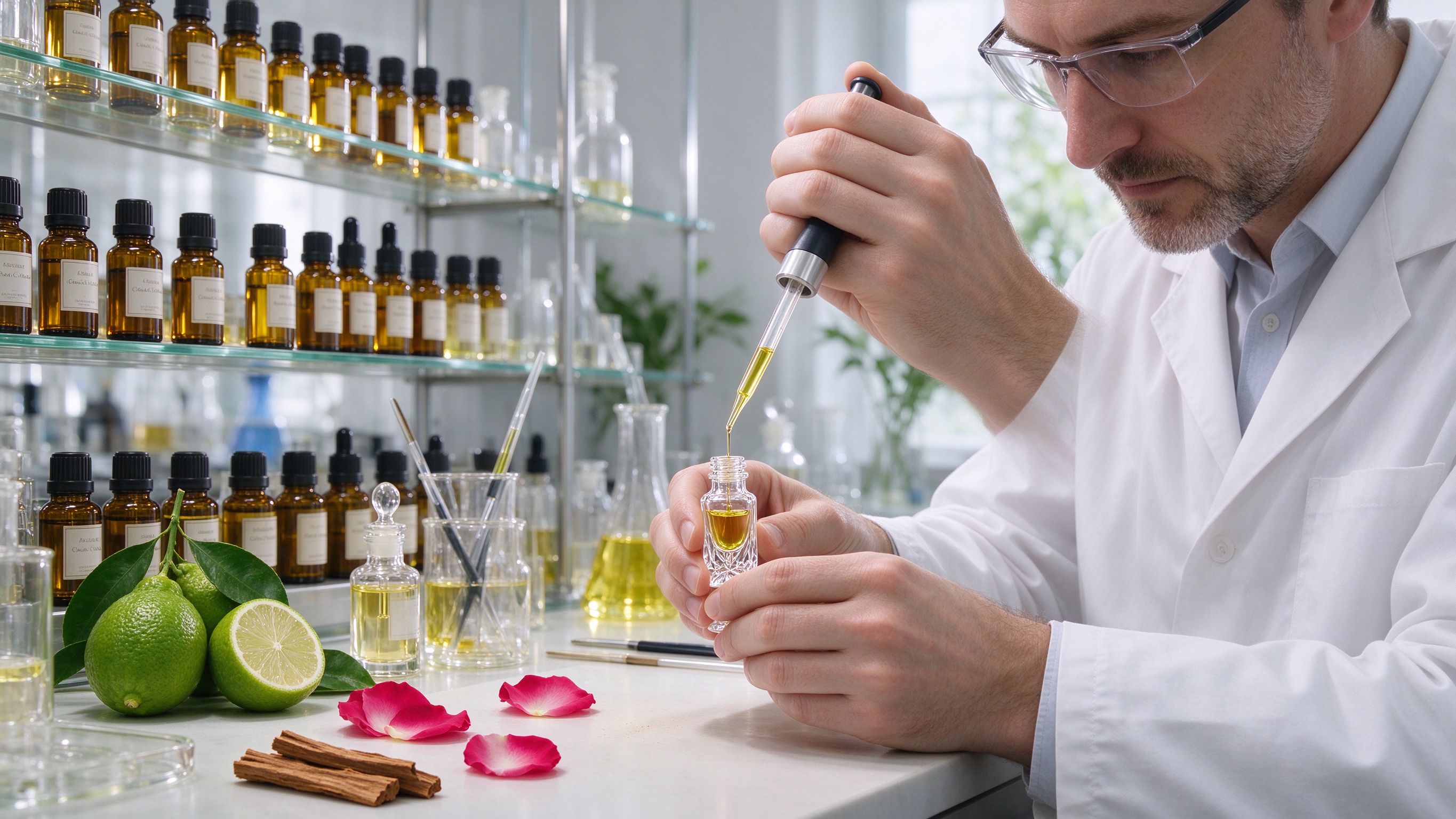 Perfumer blending fragrance oils in a professional laboratory