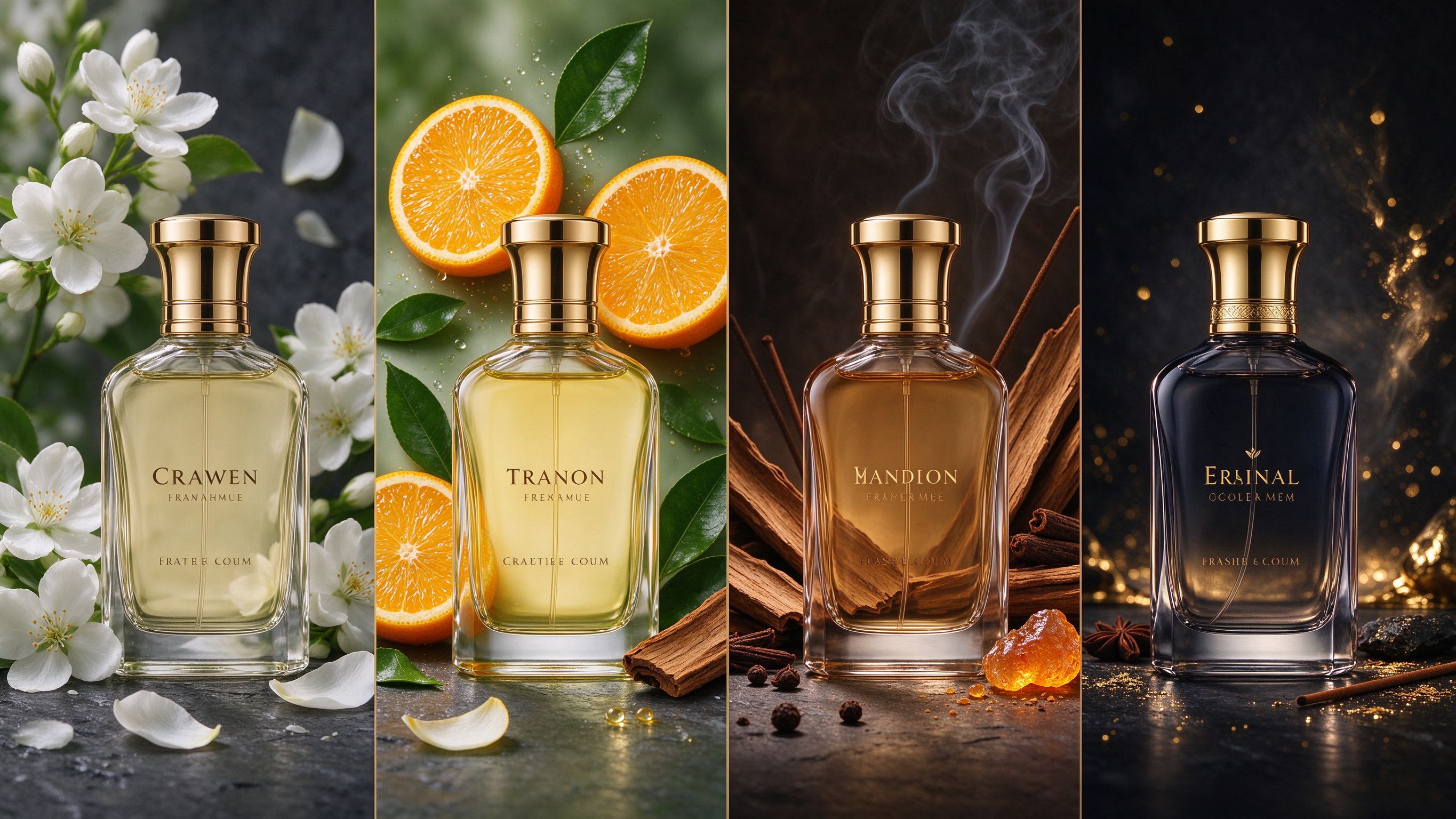 Four fragrance family concept bottles - floral, citrus fruity, woody and oriental