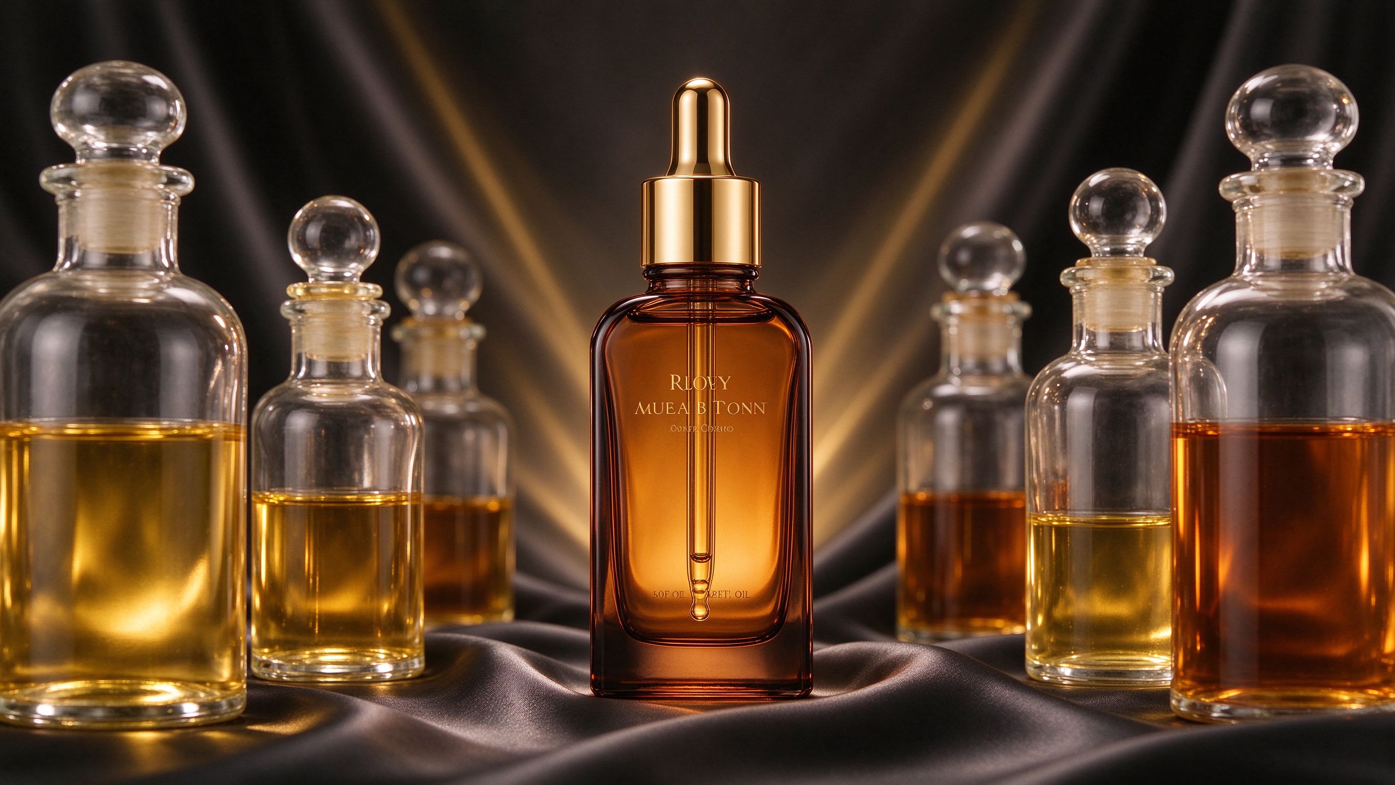 Luxury fragrance oil concentrate bottle on dark velvet background
